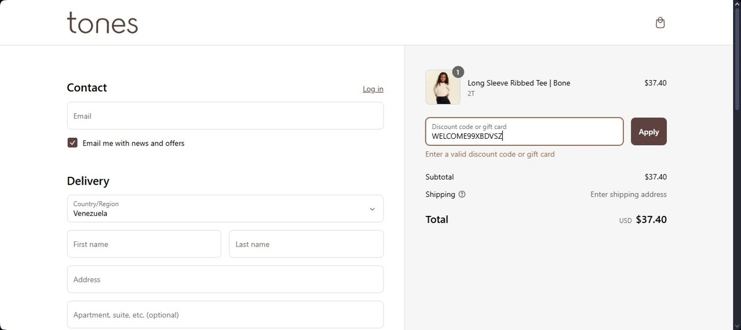 Tones coupon code screenshot showing code WELCOME99XBDVSZ applied at Tones checkout page. Uploaded by SimplyCodes community member Santi_ago on Mar 13, 2025