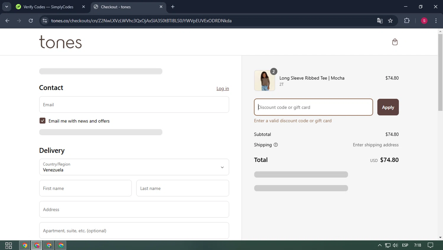 Tones coupon code screenshot showing code WELCOME99XBDVSZ applied at Tones checkout page. Uploaded by SimplyCodes community member BALLERINA on Mar 13, 2025