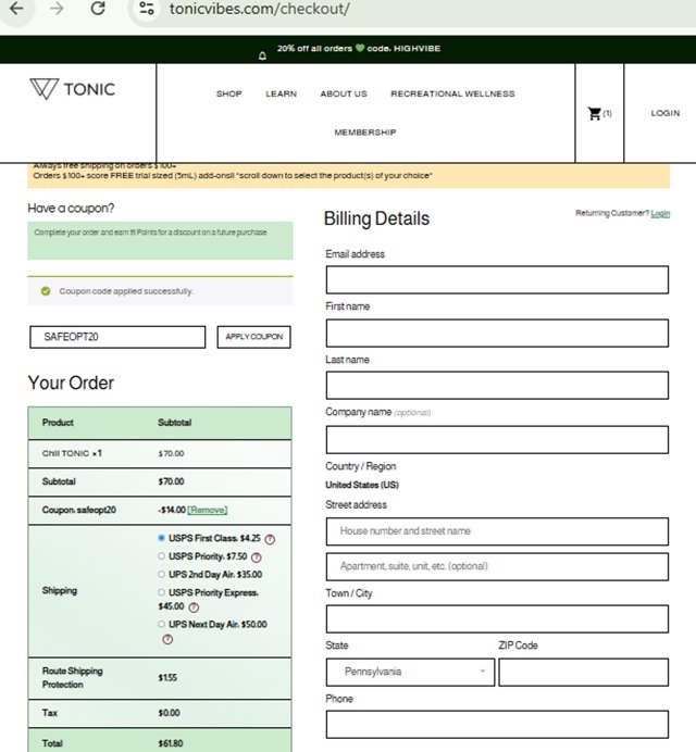 Tonic checkout page showing Tonic promo code box | Screenshot taken by SimplyCodes community member on Aug 17, 2025