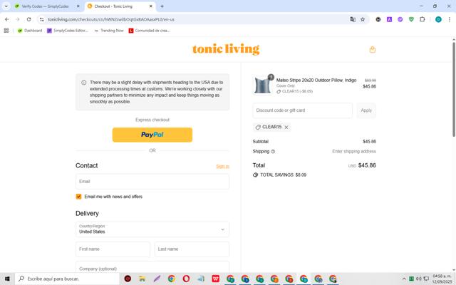 Tonic Living checkout page showing Tonic Living promo code box | Screenshot taken by SimplyCodes community member on Sep 12, 2025