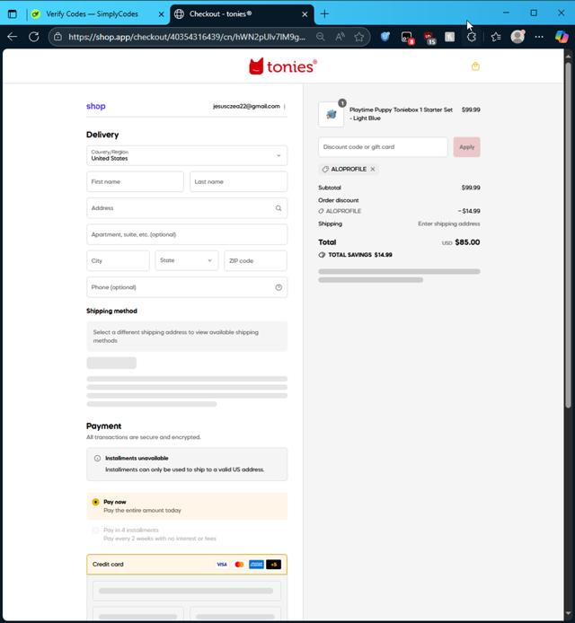 tonies US checkout page showing tonies US discount code box | Screenshot taken by SimplyCodes community member on Sep 10, 2025