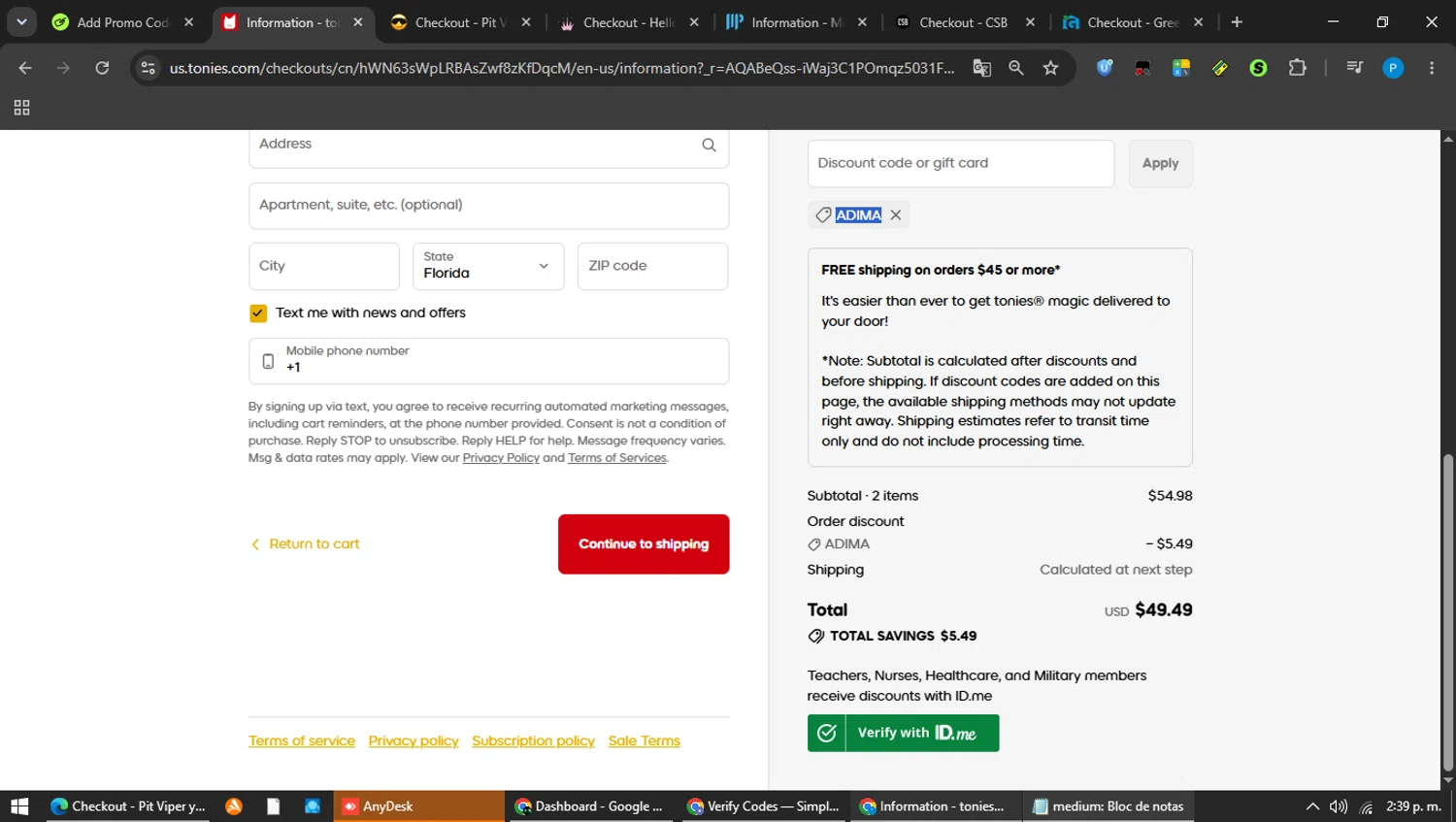 tonies US promo code screenshot showing code ADIMA applied at tonies US checkout page. Uploaded by SimplyCodes community member MAVESA on Jun 20, 2026