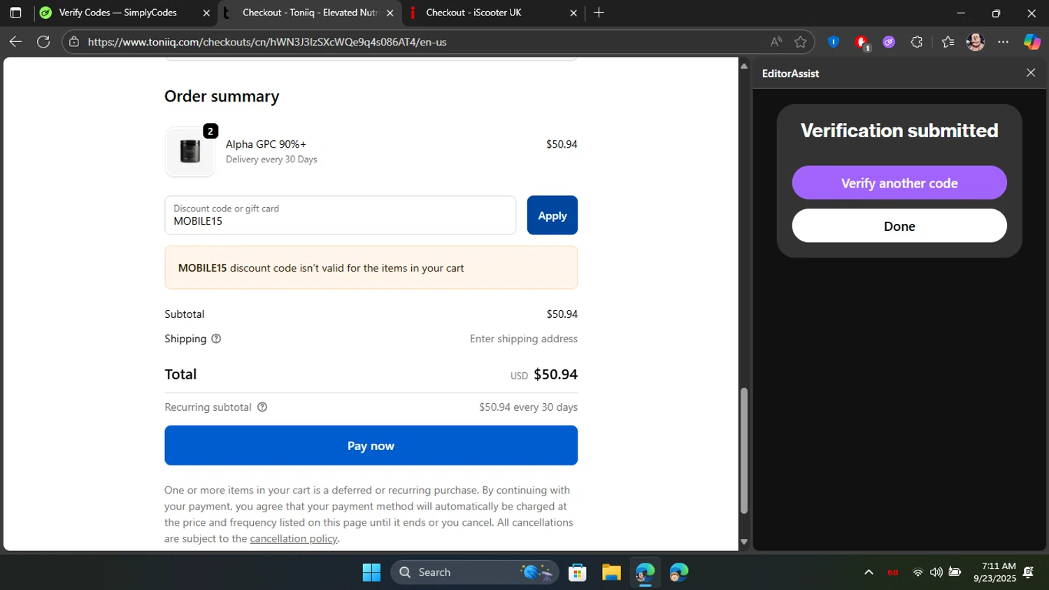 Toniiq discount code screenshot showing code MOBILE15 applied at Toniiq checkout page. Uploaded by SimplyCodes community member Blackleg_Sanji on Sep 23, 2025