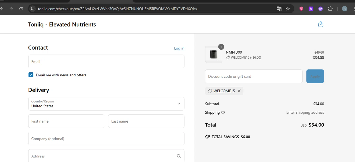 Toniiq discount code screenshot showing code WELCOME15 applied at Toniiq checkout page. Uploaded by SimplyCodes community member ExtraordinarySleuth3936 on Jun 4, 2025