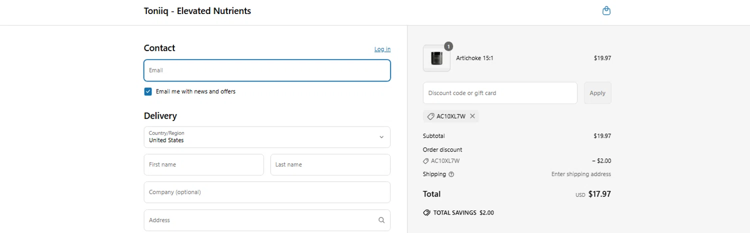 Toniiq discount code screenshot showing code AC10XL7W applied at Toniiq checkout page. Uploaded by SimplyCodes community member OnlywM on Mar 24, 2025