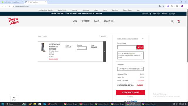 Tony Lama checkout page showing Tony Lama promo code box | Screenshot taken by SimplyCodes community member on Jun 6, 2025
