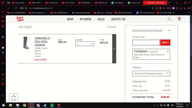 Tony Lama checkout page showing Tony Lama promo code box | Screenshot taken by SimplyCodes community member on Jun 14, 2025