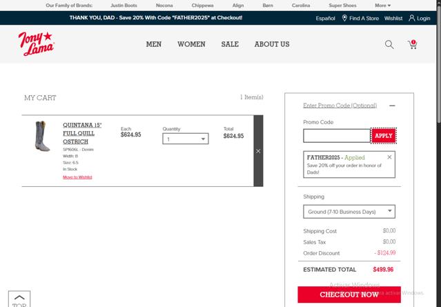 Tony Lama checkout page showing Tony Lama promo code box | Screenshot taken by SimplyCodes community member on Jun 14, 2025