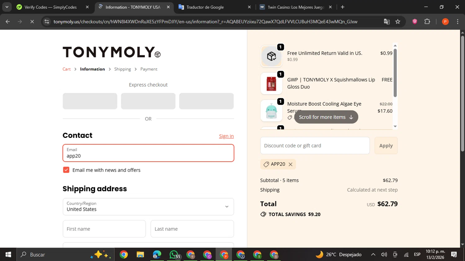 Tony Moly checkout page showing Tony Moly discount code box | Screenshot taken by SimplyCodes community member on Feb 14, 2026