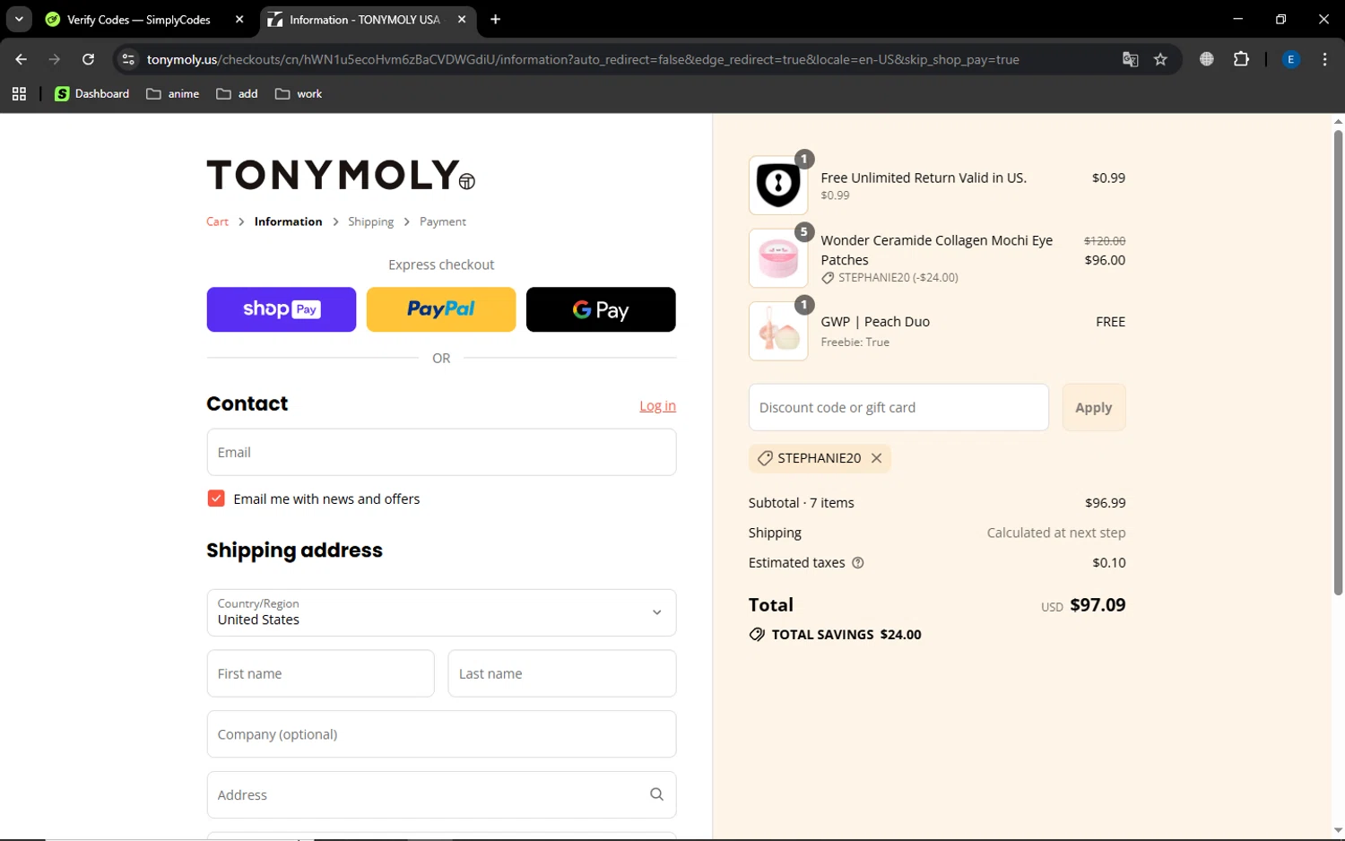 Tony Moly discount code screenshot showing code STEPHANIE20 applied at Tony Moly checkout page. Uploaded by SimplyCodes community member GoldSaver5472 on Aug 17, 2025