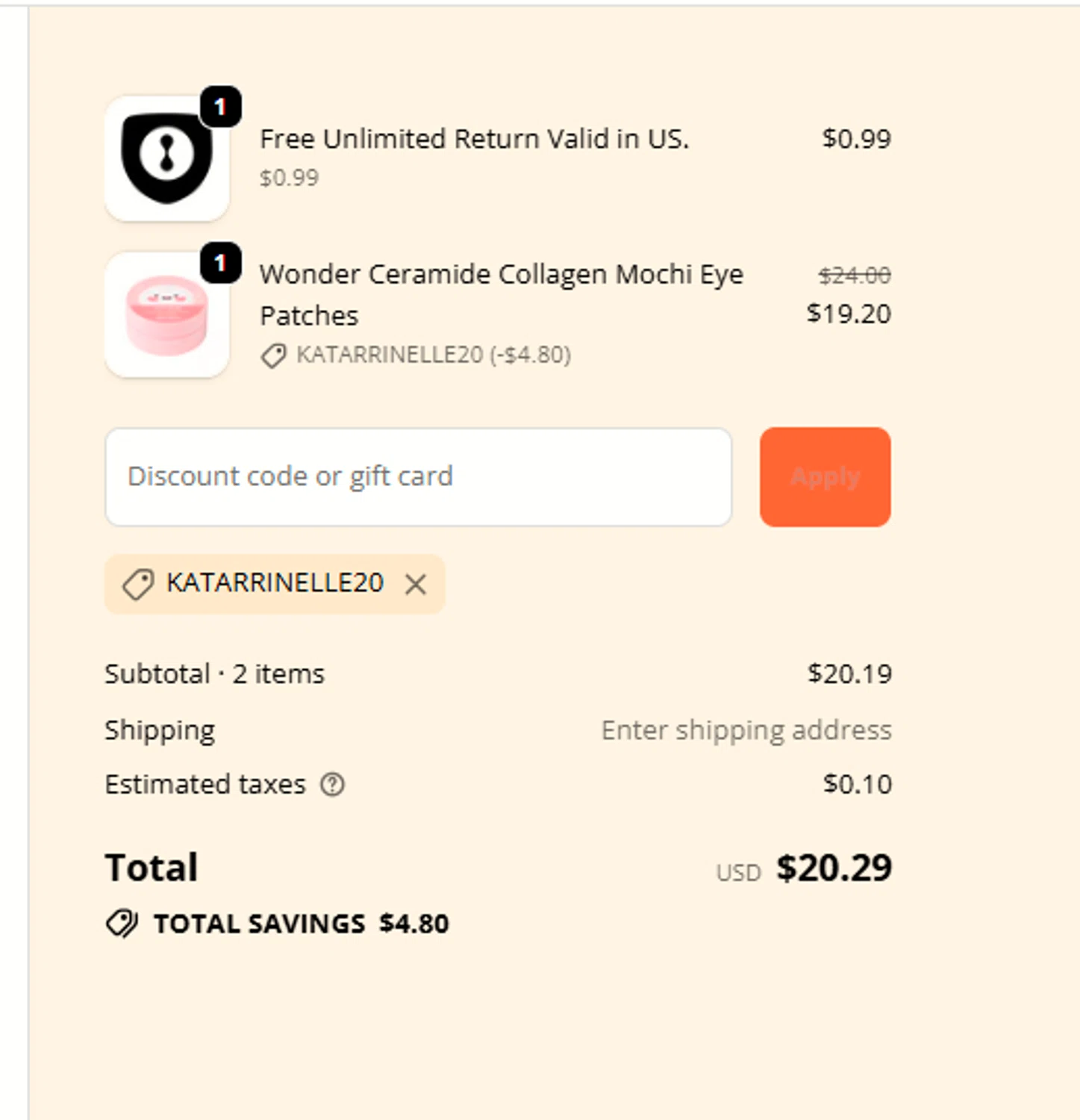 Tony Moly discount code screenshot showing code KATARRINELLE20 applied at Tony Moly checkout page. Uploaded by SimplyCodes community member a2d2c2d211 on Oct 7, 2025