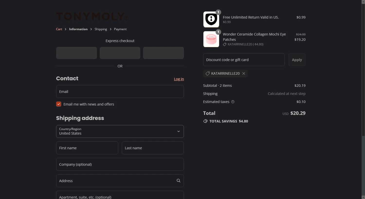 Tony Moly discount code screenshot showing code KATARRINELLE20 applied at Tony Moly checkout page. Uploaded by SimplyCodes community member tony2702 on Aug 13, 2025