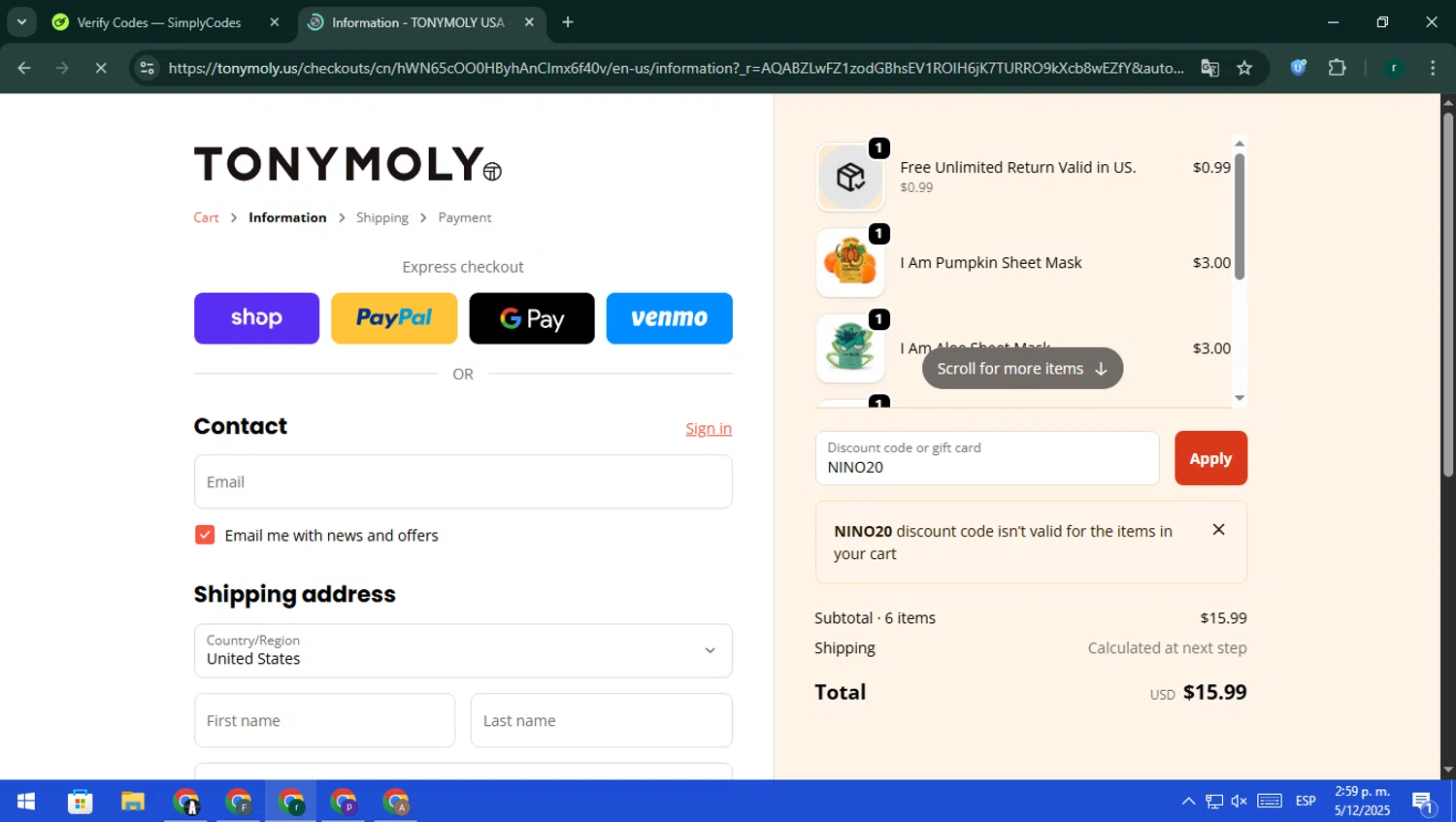 Tony Moly discount code screenshot showing code NINO20 applied at Tony Moly checkout page. Uploaded by SimplyCodes community member rodri1 on Dec 5, 2025