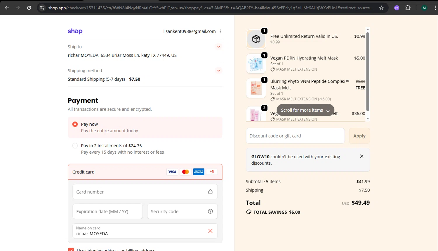 Tony Moly checkout page showing Tony Moly discount code box | Screenshot taken by SimplyCodes community member on Feb 14, 2026
