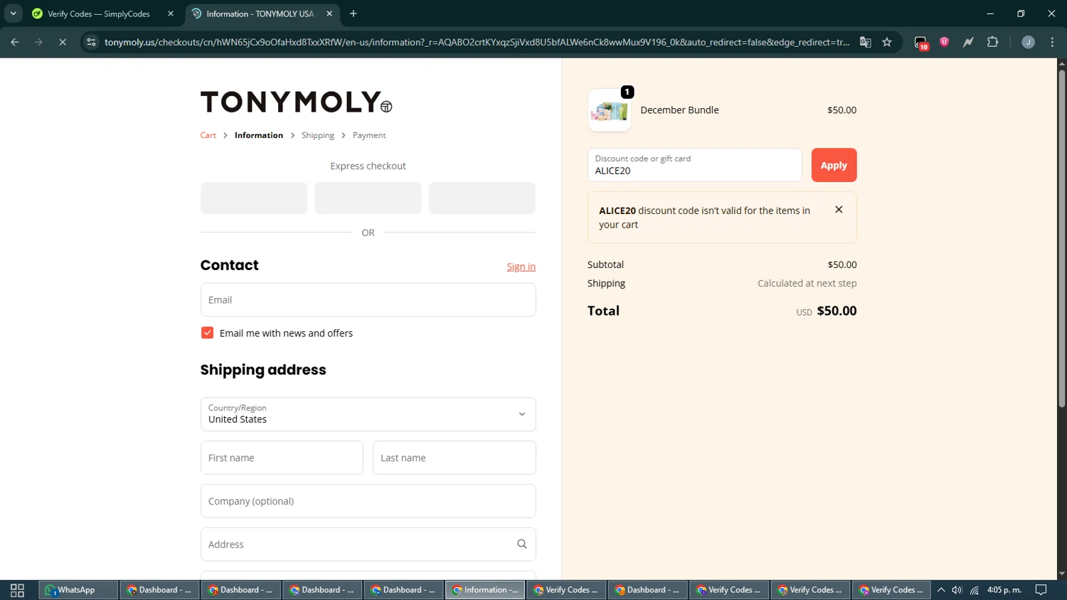 Tony Moly discount code screenshot showing code ALICE20 applied at Tony Moly checkout page. Uploaded by SimplyCodes community member CashShopper1214 on Dec 5, 2025
