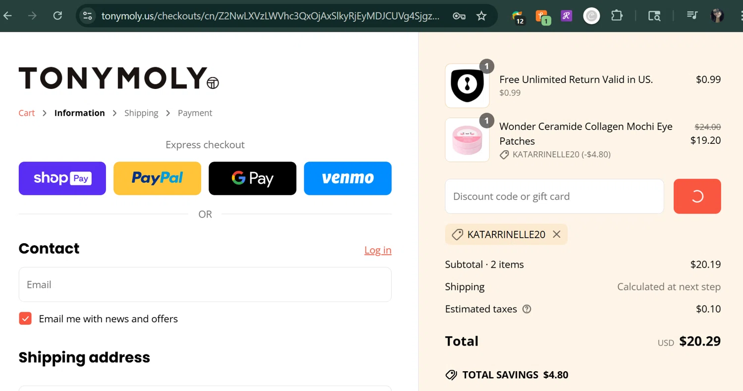 Tony Moly discount code screenshot showing code KATARRINELLE20 applied at Tony Moly checkout page. Uploaded by SimplyCodes community member MarUmi on Jun 18, 2025