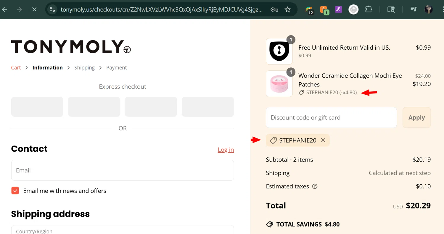 Tony Moly discount code screenshot showing code STEPHANIE20 applied at Tony Moly checkout page. Uploaded by SimplyCodes community member MarUmi on Jun 18, 2025