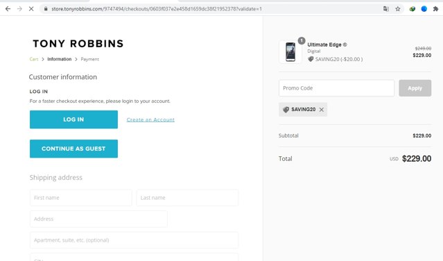 Tony Robbins checkout page showing Tony Robbins discount code box | Screenshot taken by SimplyCodes community member on May 6, 2021