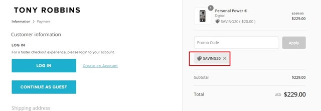 Tony Robbins checkout page showing Tony Robbins discount code box | Screenshot taken by SimplyCodes community member on Apr 21, 2021