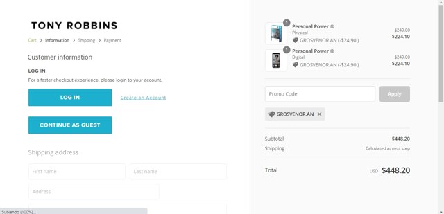 Tony Robbins checkout page showing Tony Robbins discount code box | Screenshot taken by SimplyCodes community member on May 13, 2021