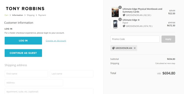 Tony Robbins checkout page showing Tony Robbins discount code box | Screenshot taken by SimplyCodes community member on May 6, 2021