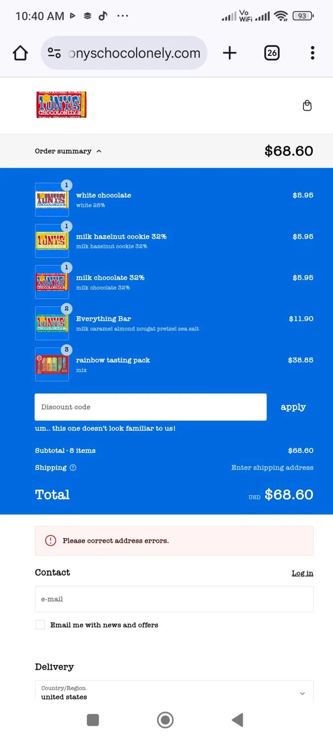 Tony's Chocolonely discount code screenshot showing code FREESHIP applied at Tony's Chocolonely checkout page. Uploaded by SimplyCodes community member EmilyHuerta on Feb 10, 2025