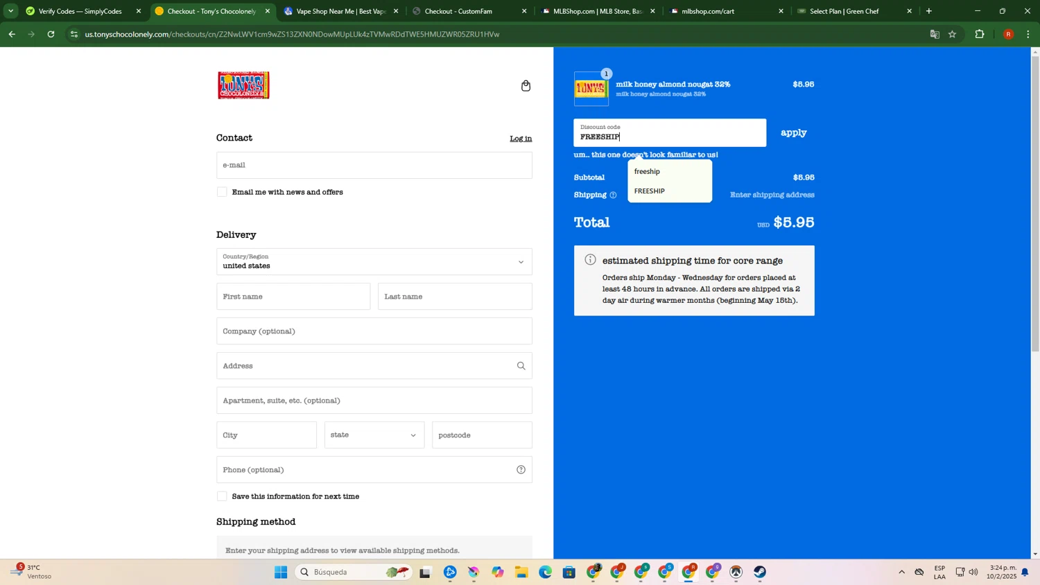 Tony's Chocolonely discount code screenshot showing code FREESHIP applied at Tony's Chocolonely checkout page. Uploaded by SimplyCodes community member RubiDg on Feb 10, 2025