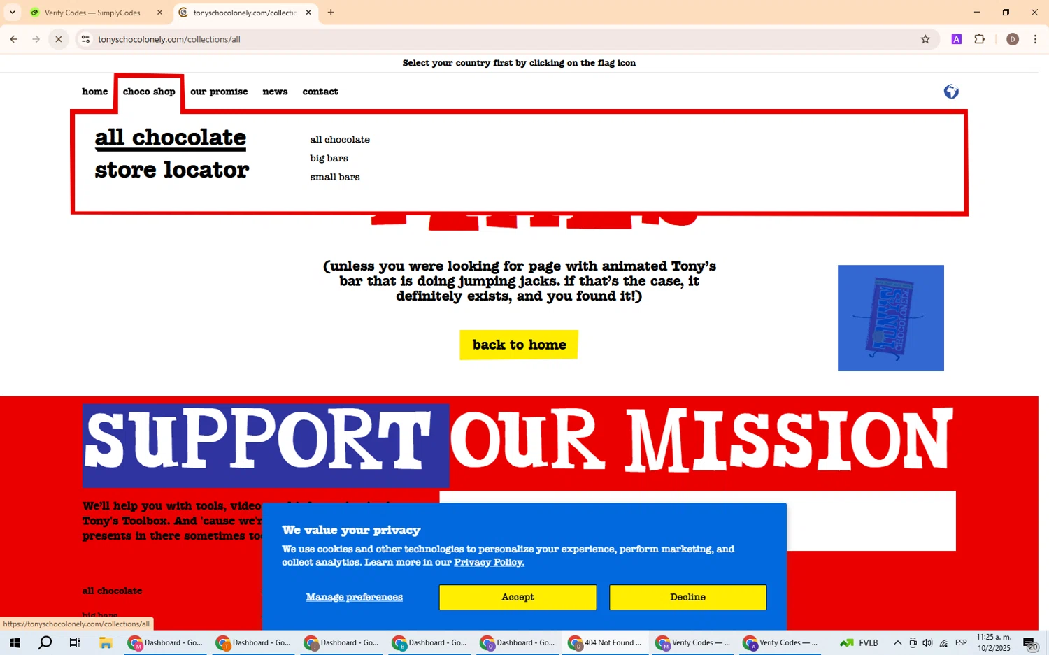 Tony's Chocolonely discount code screenshot showing code FREESHIP applied at Tony's Chocolonely checkout page. Uploaded by SimplyCodes community member BrilliantWizard8884 on Feb 10, 2025