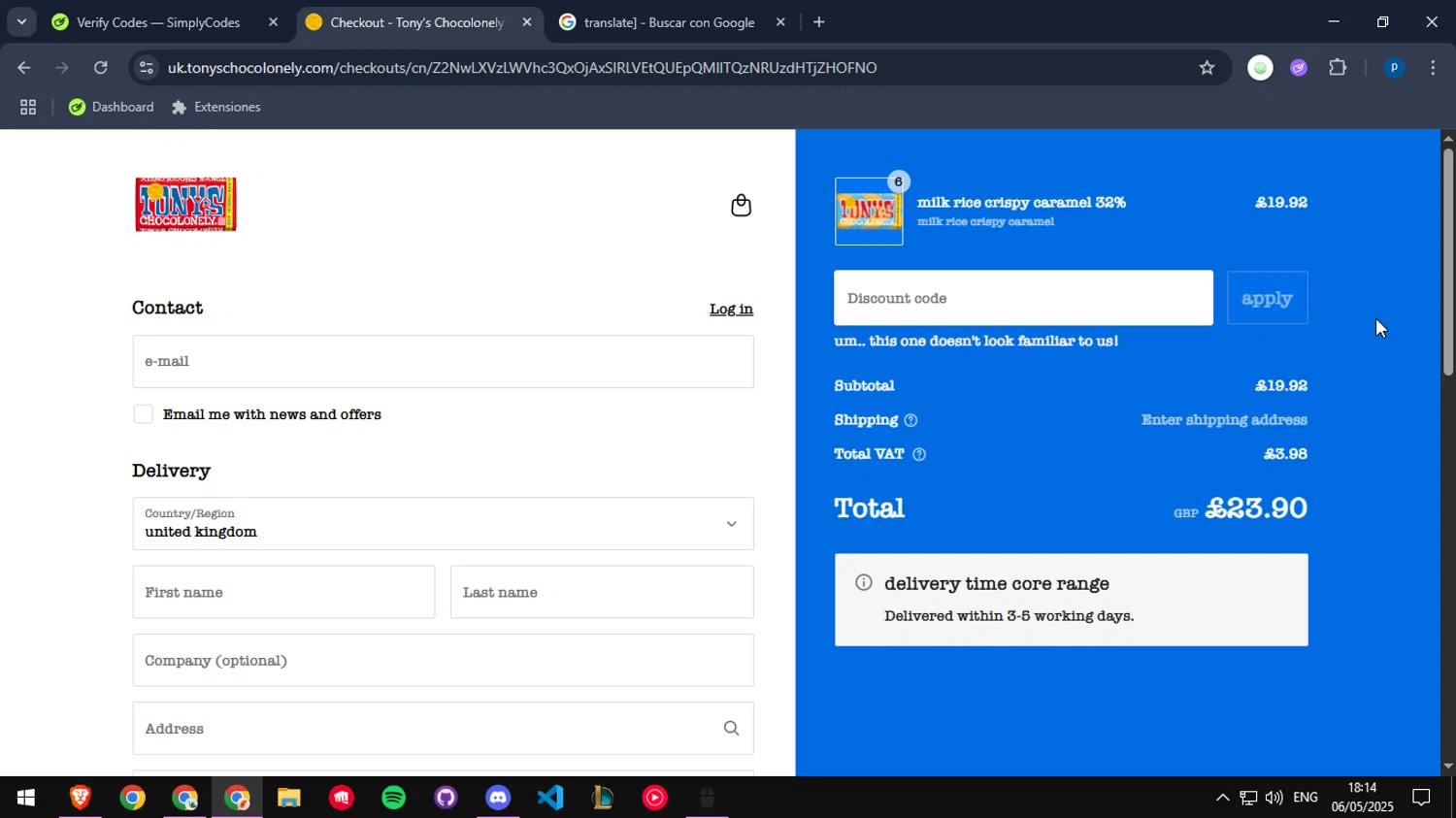 Tony's Chocolonely discount code screenshot showing code TINYP applied at Tony's Chocolonely checkout page. Uploaded by SimplyCodes community member DIOSESMIGUIA on May 6, 2025