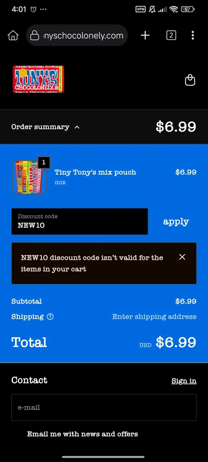 Tony's Chocolonely discount code screenshot showing code NEW10 applied at Tony's Chocolonely checkout page. Uploaded by SimplyCodes community member Enmanuel17 on Oct 8, 2025