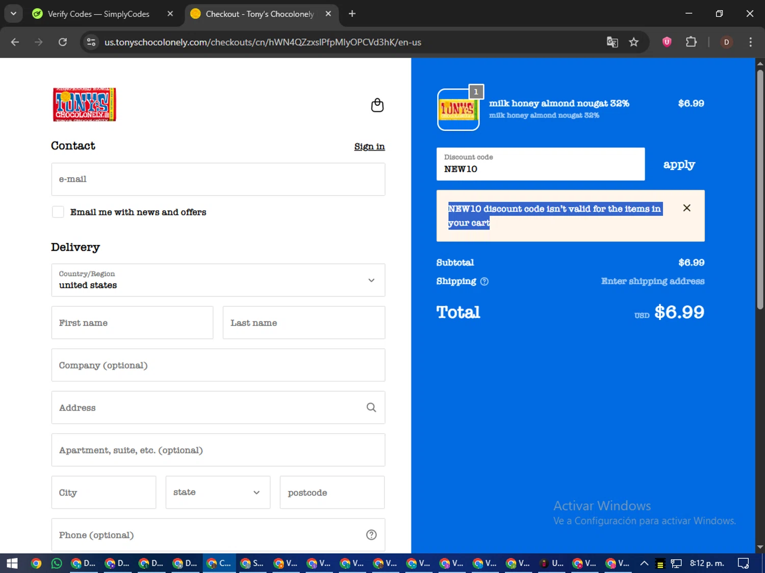 Tony's Chocolonely discount code screenshot showing code NEW10 applied at Tony's Chocolonely checkout page. Uploaded by SimplyCodes community member liltecca on Oct 23, 2025