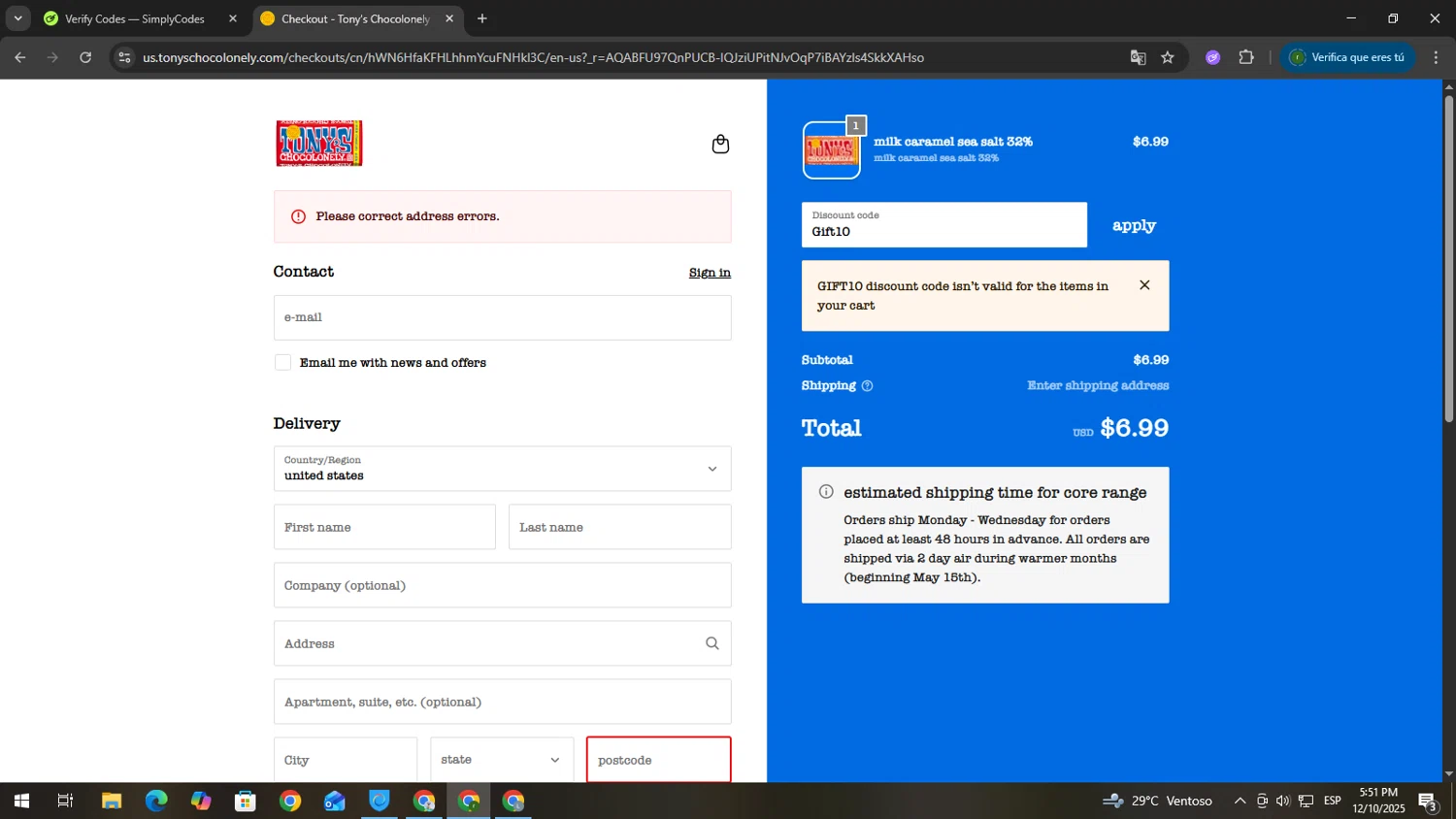 Tony's Chocolonely discount code screenshot showing code Gift10 applied at Tony's Chocolonely checkout page. Uploaded by SimplyCodes community member GoldScout9735 on Dec 10, 2025