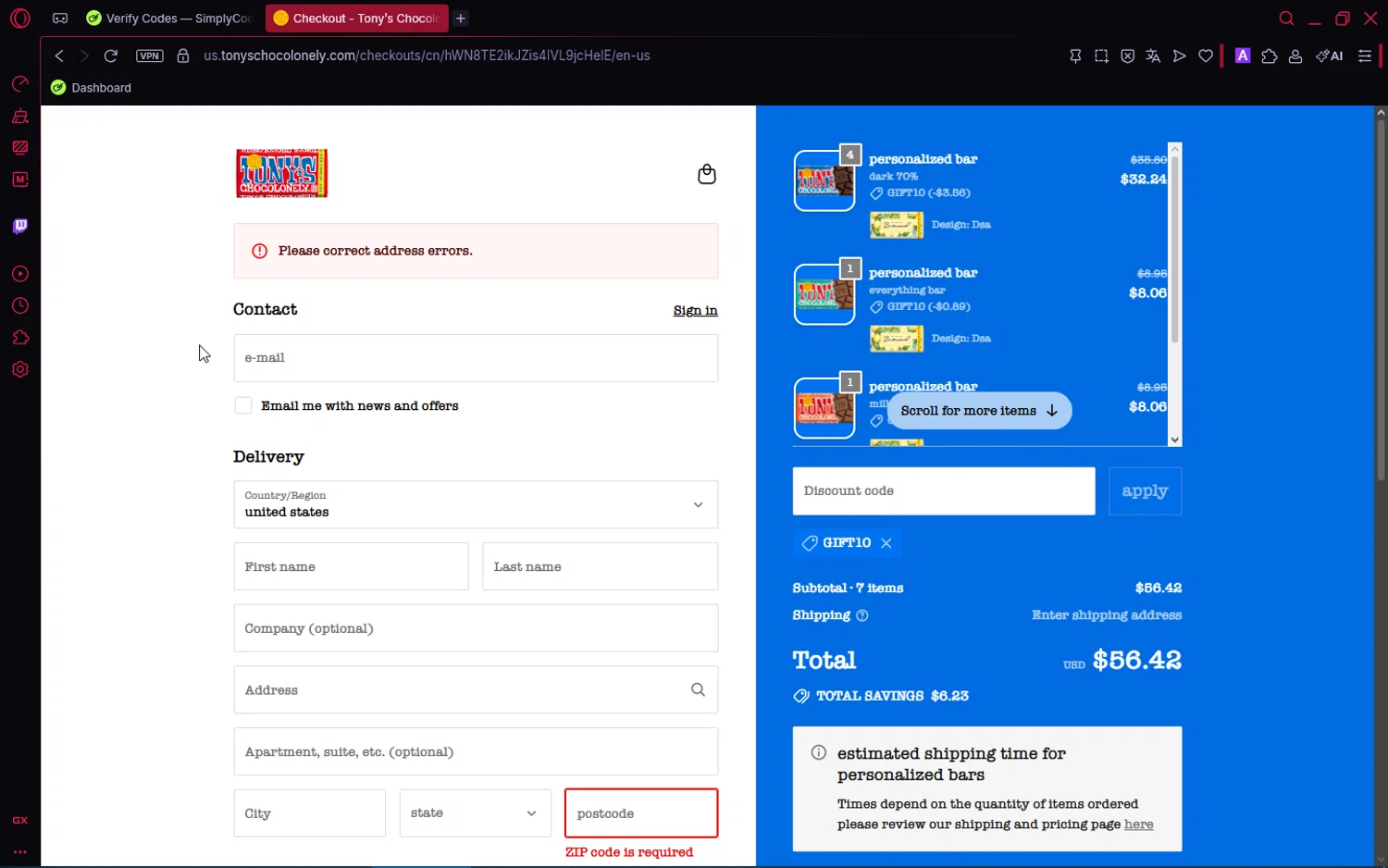 Tony's Chocolonely checkout page showing Tony's Chocolonely discount code box | Screenshot taken by SimplyCodes community member on Feb 6, 2026