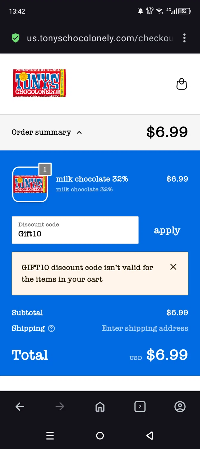 Tony's Chocolonely discount code screenshot showing code Gift10 applied at Tony's Chocolonely checkout page. Uploaded by SimplyCodes community member Olivatle37 on Dec 1, 2025