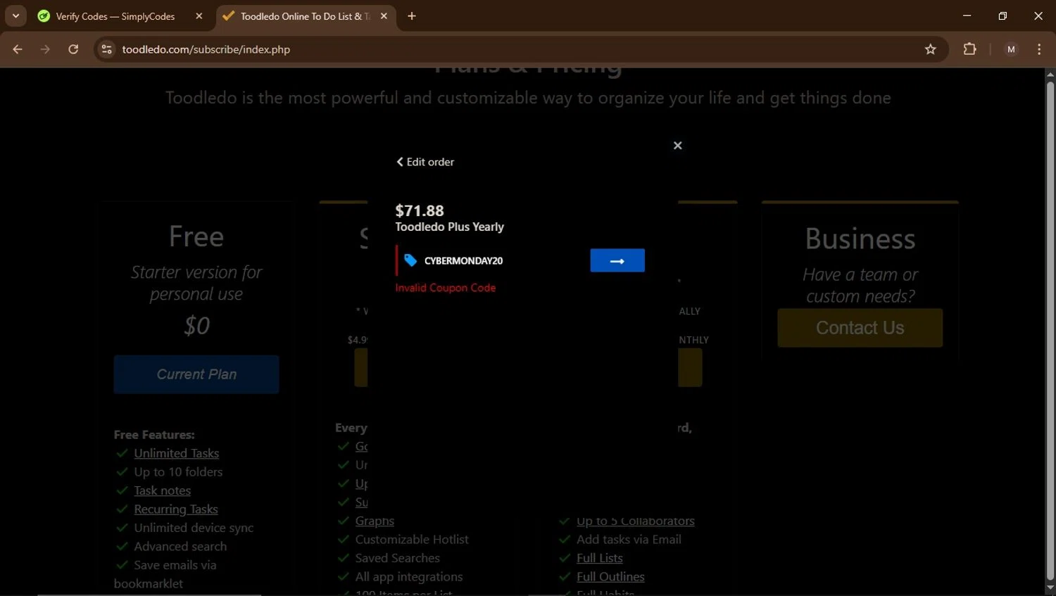 Toodledo coupon code screenshot showing code CYBERMONDAY20 applied at Toodledo checkout page. Uploaded by SimplyCodes community member Carrillojose on Mar 22, 2025