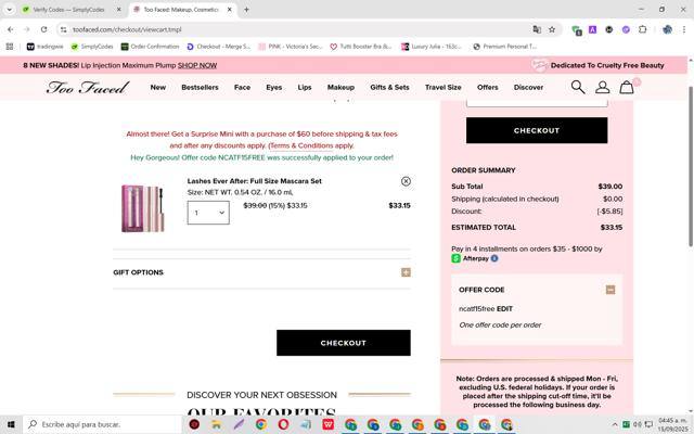 Too Faced Cosmetics checkout page showing Too Faced Cosmetics promo code box | Screenshot taken by SimplyCodes community member on Sep 15, 2025