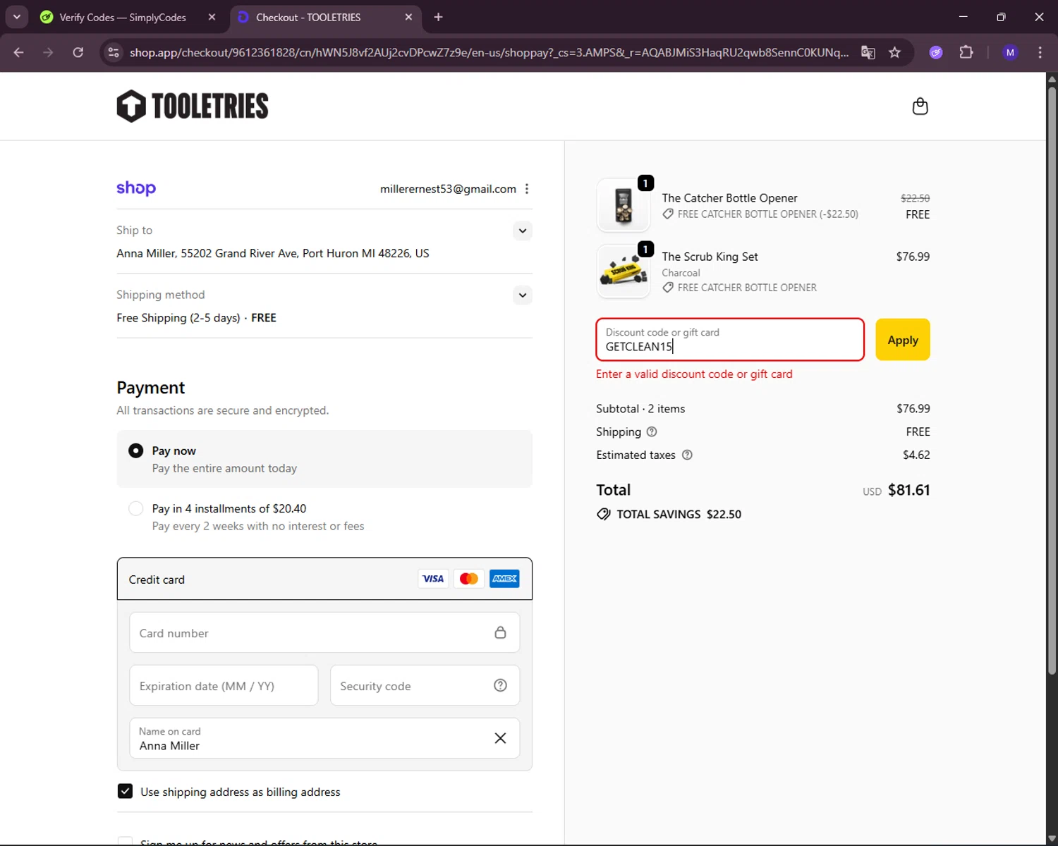 Tooletries discount code screenshot showing code GETCLEAN15 applied at Tooletries checkout page. Uploaded by SimplyCodes community member RewardLynx5307 on Nov 15, 2025