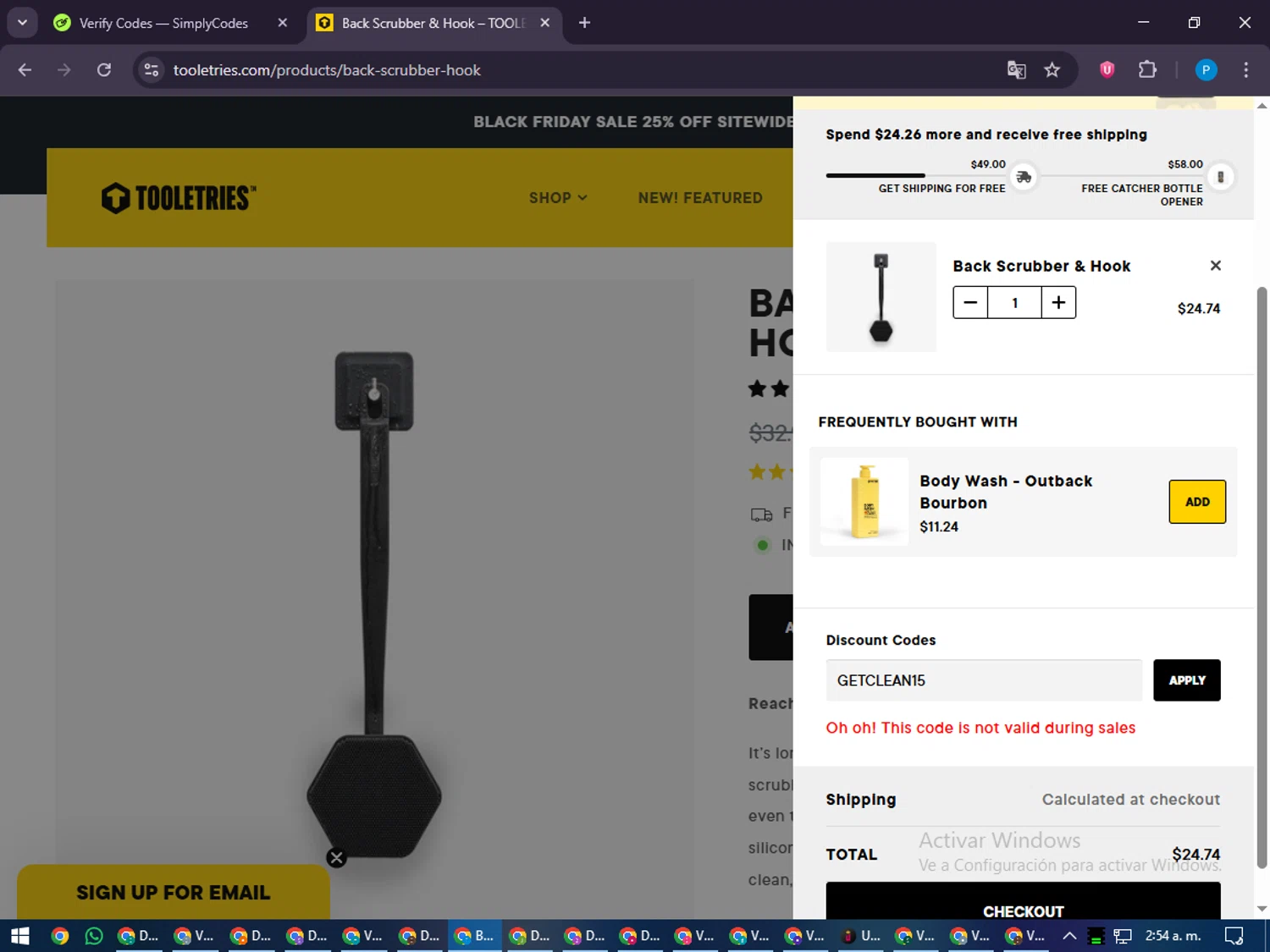 Tooletries discount code screenshot showing code GETCLEAN15 applied at Tooletries checkout page. Uploaded by SimplyCodes community member juiceWRLD on Nov 15, 2025
