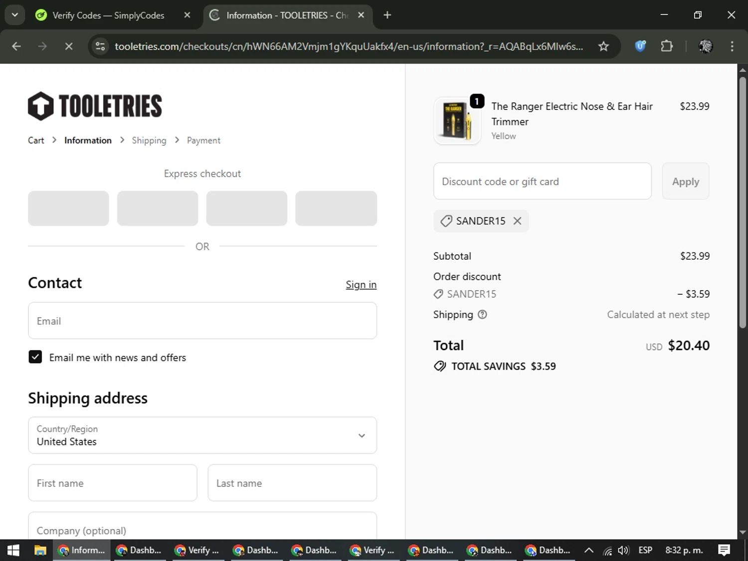 Tooletries discount code screenshot showing code SANDER15 applied at Tooletries checkout page. Uploaded by SimplyCodes community member PrimeKnight6101 on Dec 6, 2025