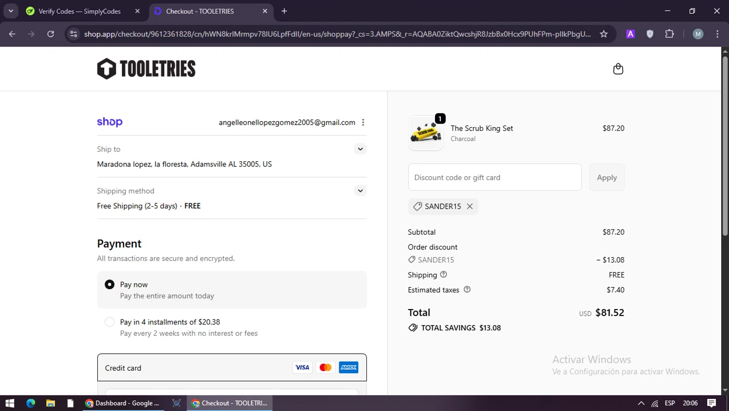 Tooletries discount code screenshot showing code SANDER15 applied at Tooletries checkout page. Uploaded by SimplyCodes community member maraxo on Feb 14, 2026