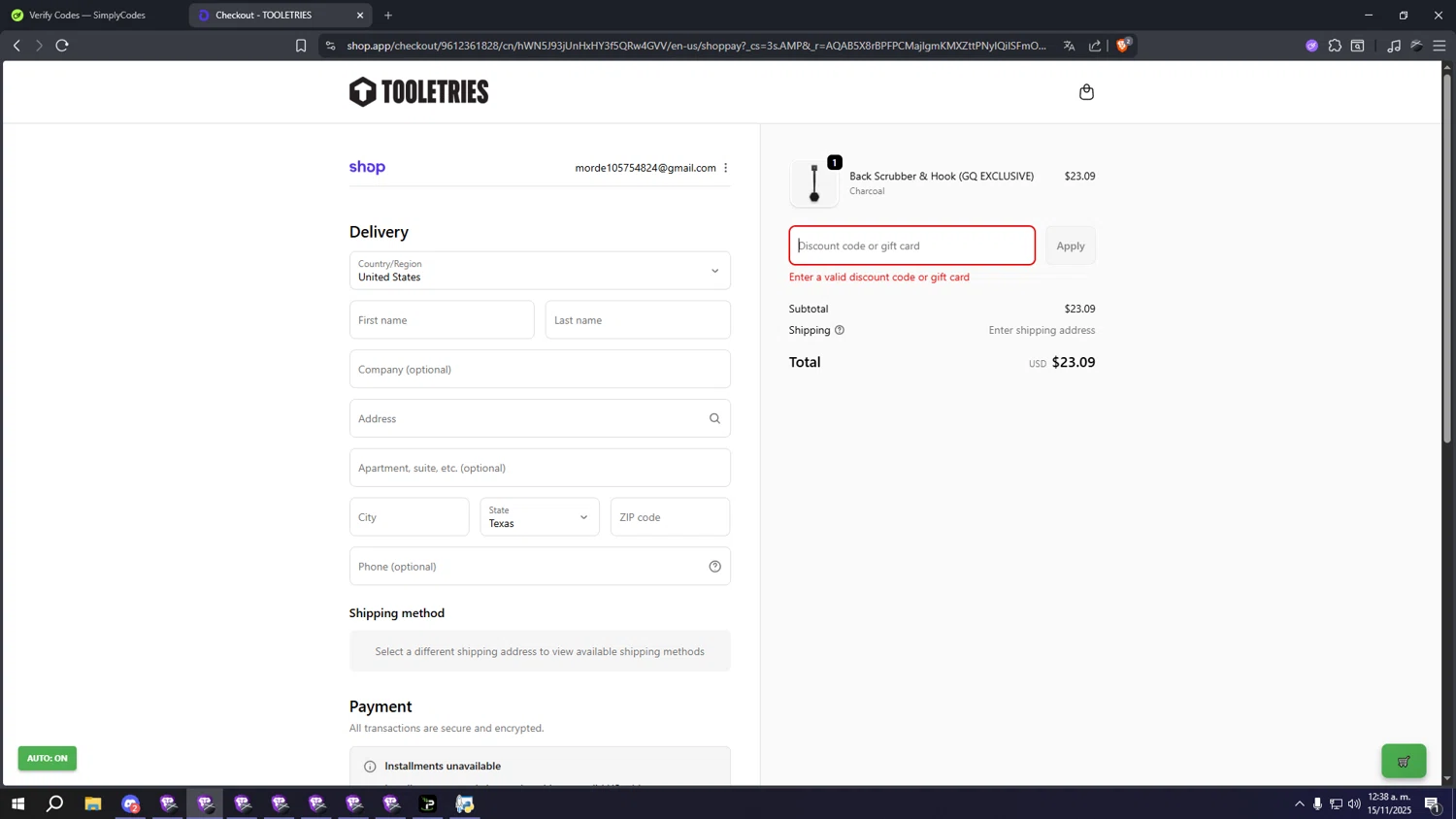Tooletries discount code screenshot showing code LT20 applied at Tooletries checkout page. Uploaded by SimplyCodes community member kkkkkkkkkkkkkkkkkkkk on Nov 15, 2025