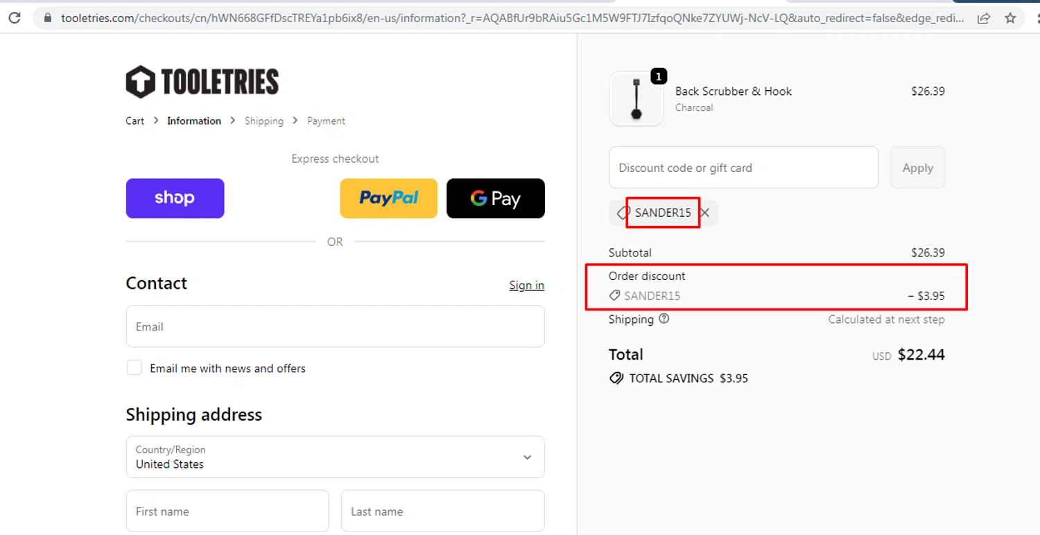 Tooletries discount code screenshot showing code SANDER15 applied at Tooletries checkout page. Uploaded by SimplyCodes community member nileskamarcano on Dec 6, 2025