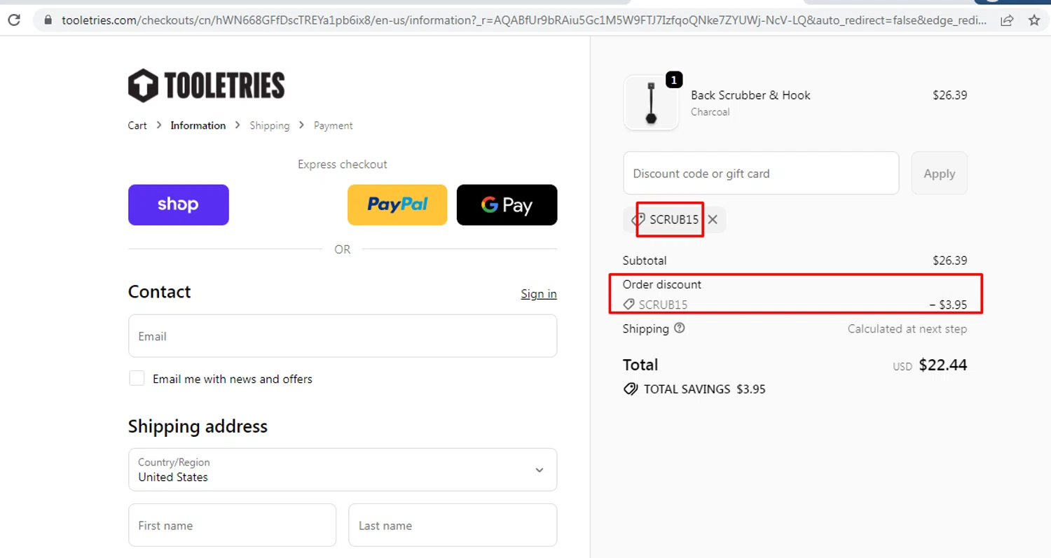Tooletries discount code screenshot showing code SCRUB15 applied at Tooletries checkout page. Uploaded by SimplyCodes community member nileskamarcano on Dec 6, 2025