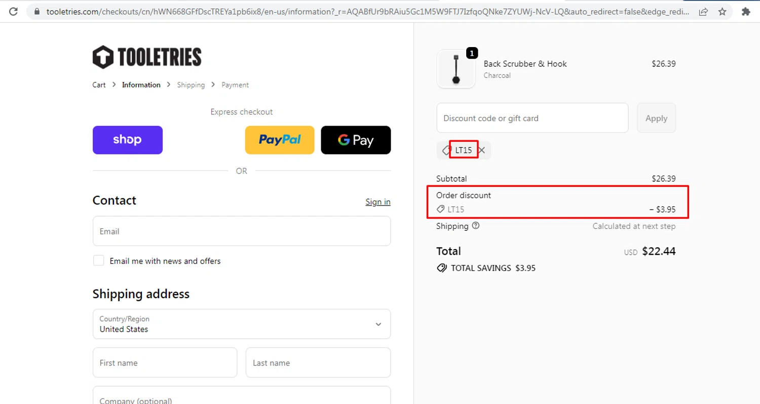 Tooletries discount code screenshot showing code LT15 applied at Tooletries checkout page. Uploaded by SimplyCodes community member nileskamarcano on Dec 6, 2025