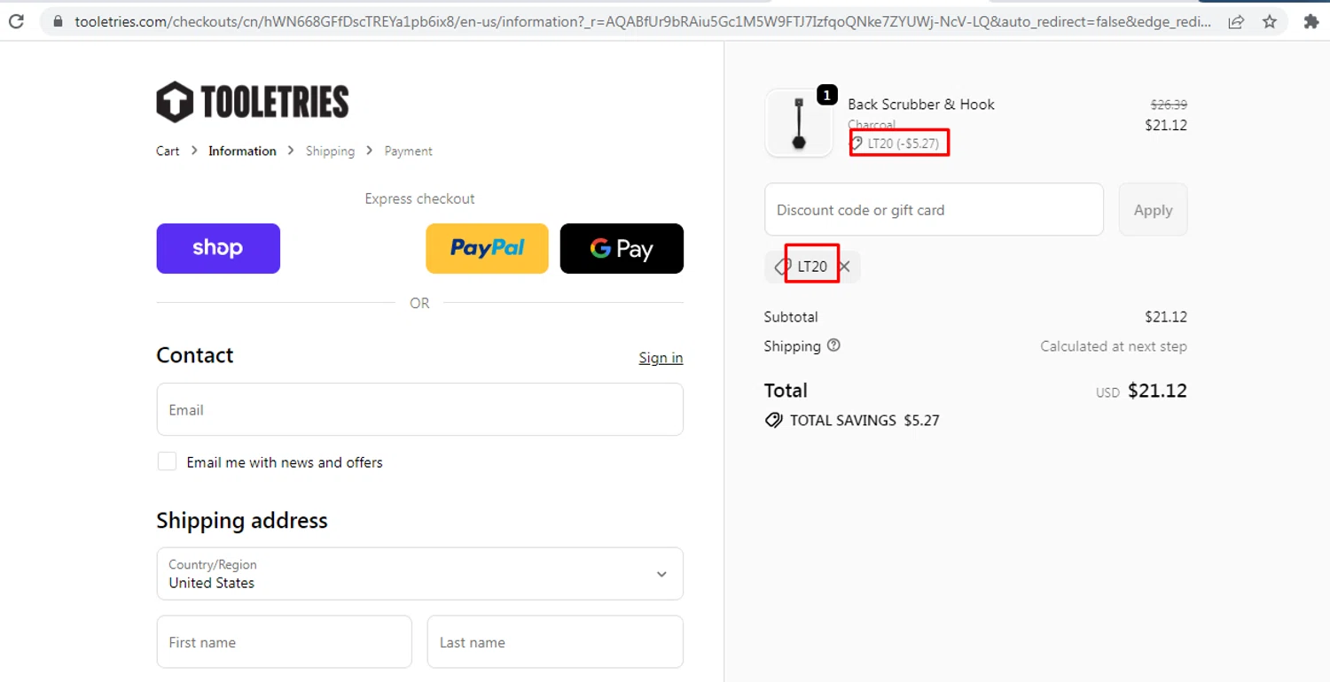 Tooletries discount code screenshot showing code LT20 applied at Tooletries checkout page. Uploaded by SimplyCodes community member nileskamarcano on Dec 6, 2025