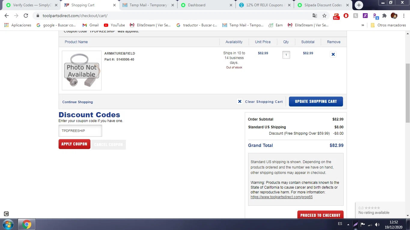 Tool Parts Direct checkout page showing Tool Parts Direct promo code box | Screenshot taken by SimplyCodes community member on Dec 19, 2020