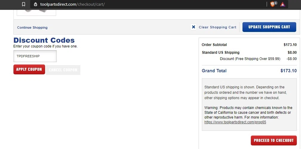 Tool Parts Direct checkout page showing Tool Parts Direct promo code box | Screenshot taken by SimplyCodes community member on Dec 5, 2020
