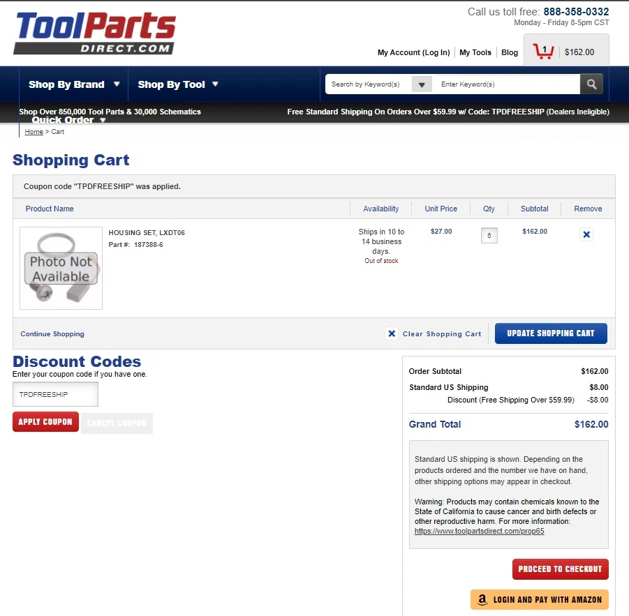 Tool Parts Direct checkout page showing Tool Parts Direct promo code box | Screenshot taken by SimplyCodes community member on Oct 17, 2021