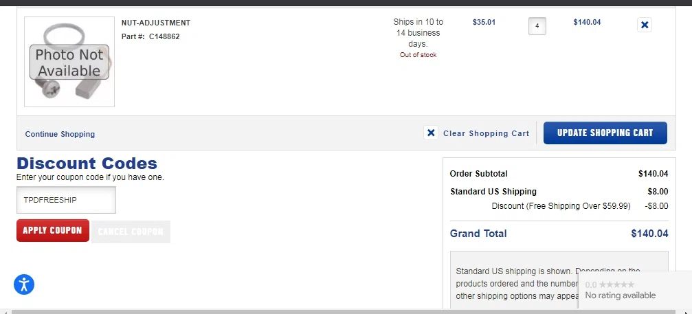 Tool Parts Direct checkout page showing Tool Parts Direct promo code box | Screenshot taken by SimplyCodes community member on May 13, 2021