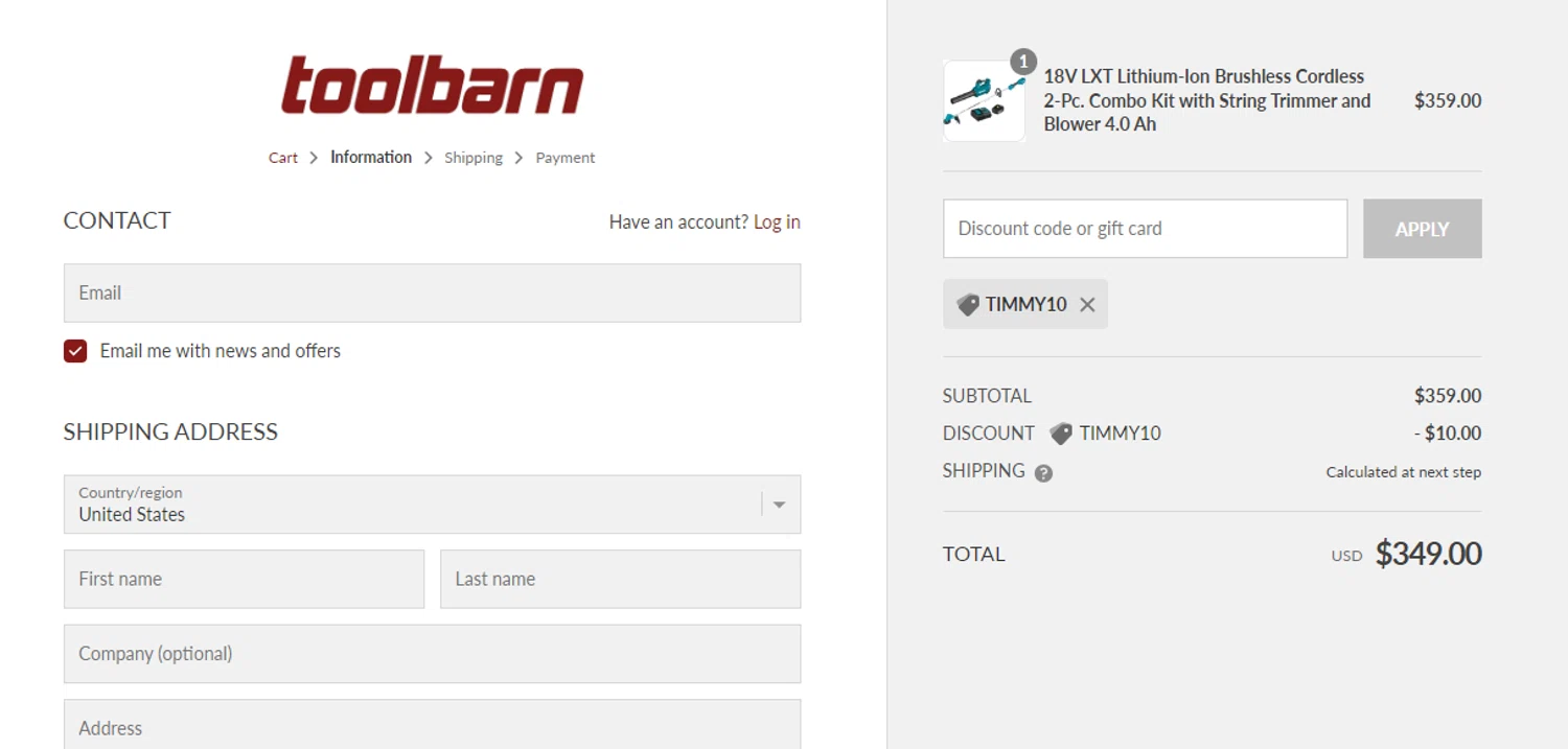 Tool Parts Direct checkout page showing Tool Parts Direct promo code box | Screenshot taken by SimplyCodes community member on Feb 14, 2024